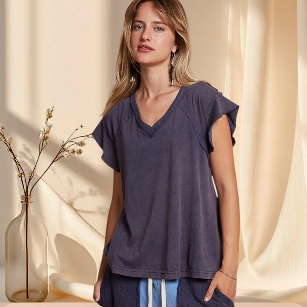 POL Baby Tee Ruffle Sleeve Bohemian Cotton Top - Picture 7 of 8